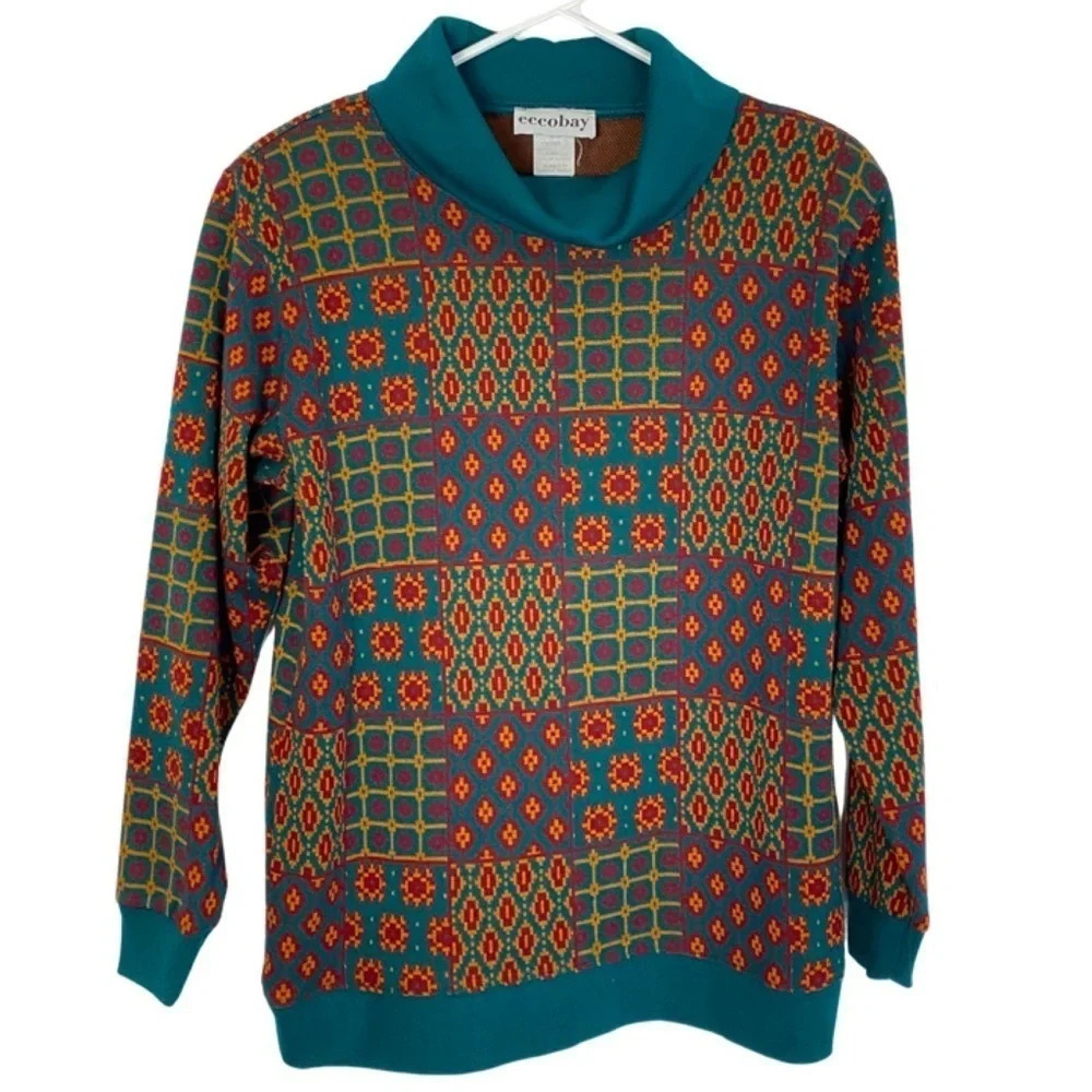 Vintage 90s Granny Sweater Tunic Patchwork Design Oversize Size Small Womens